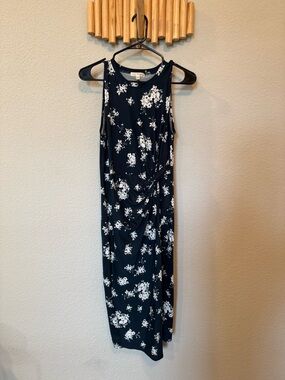 Navy Blue Floral Maxi Dress with White Print